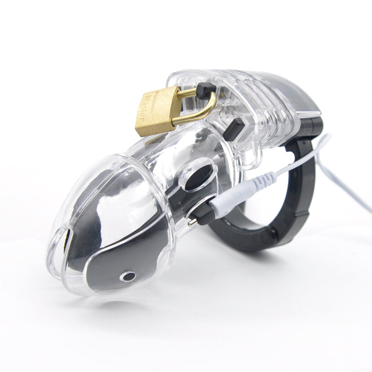 Plastic E-Stim Chastity Cage with Remote and Control Box Set package or size detail