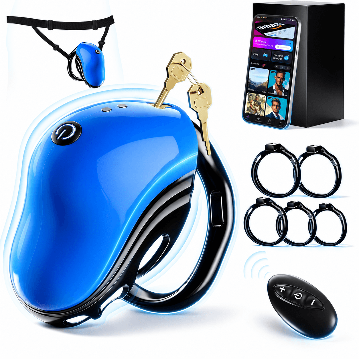 Blue App-Controlled Vibrating Chastity Cage shown for the vibrating chastity cage comparison
