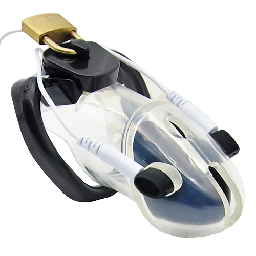Plastic E-Stim Compatible Chastity Cage with Electrode Set package or size detail
