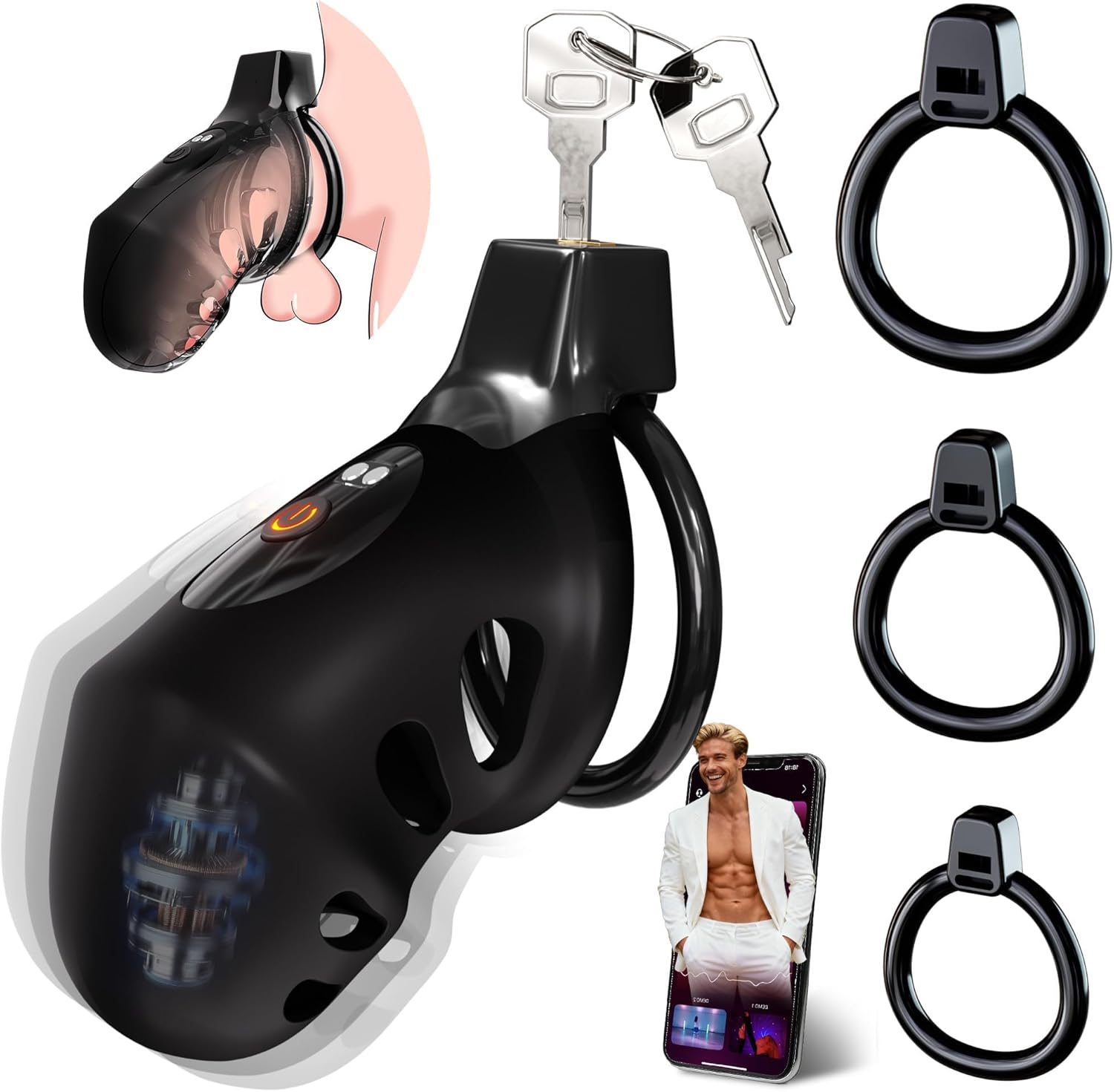 Nine-Mode App-Controlled Vibrating Chastity Cage shown for the app controlled vs remote controlled chastity comparison