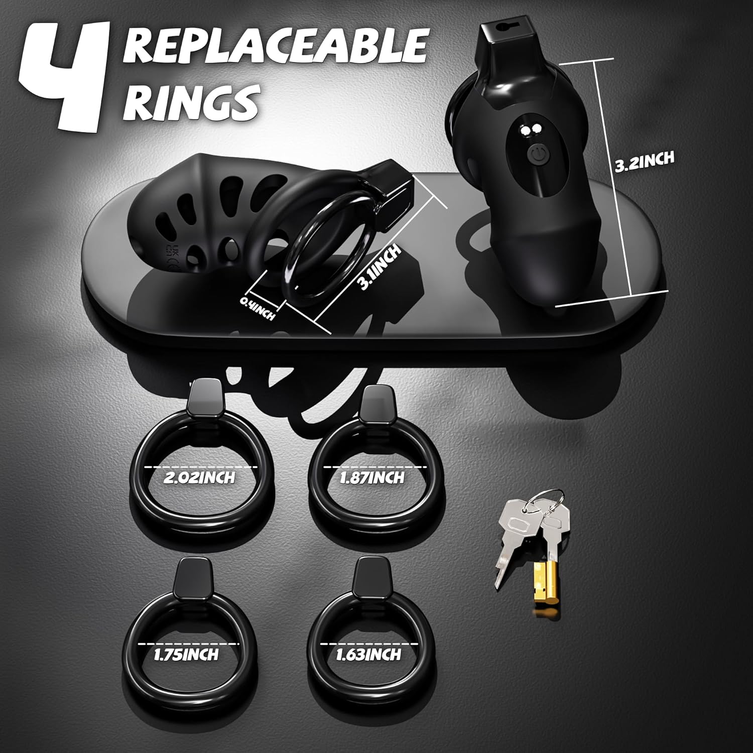 9-Mode App-Controlled Vibrating Chastity Cage with Four Rings package or size detail
