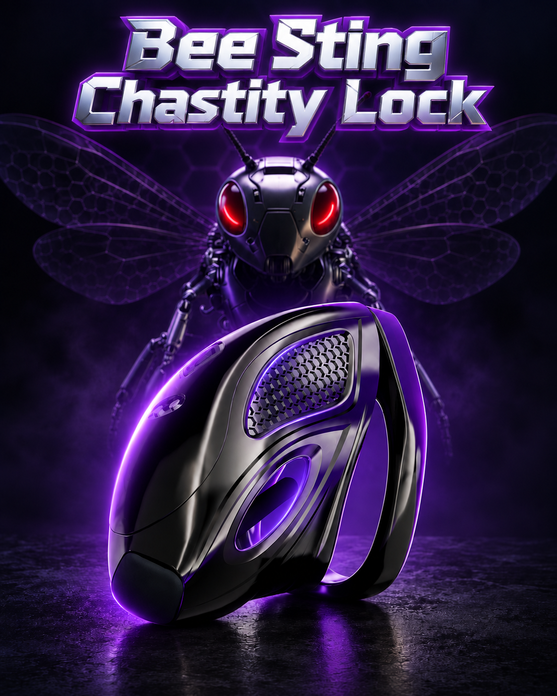 LOCKINK Bee Sting app-controlled E-Stim chastity cage in a purple product illustration.